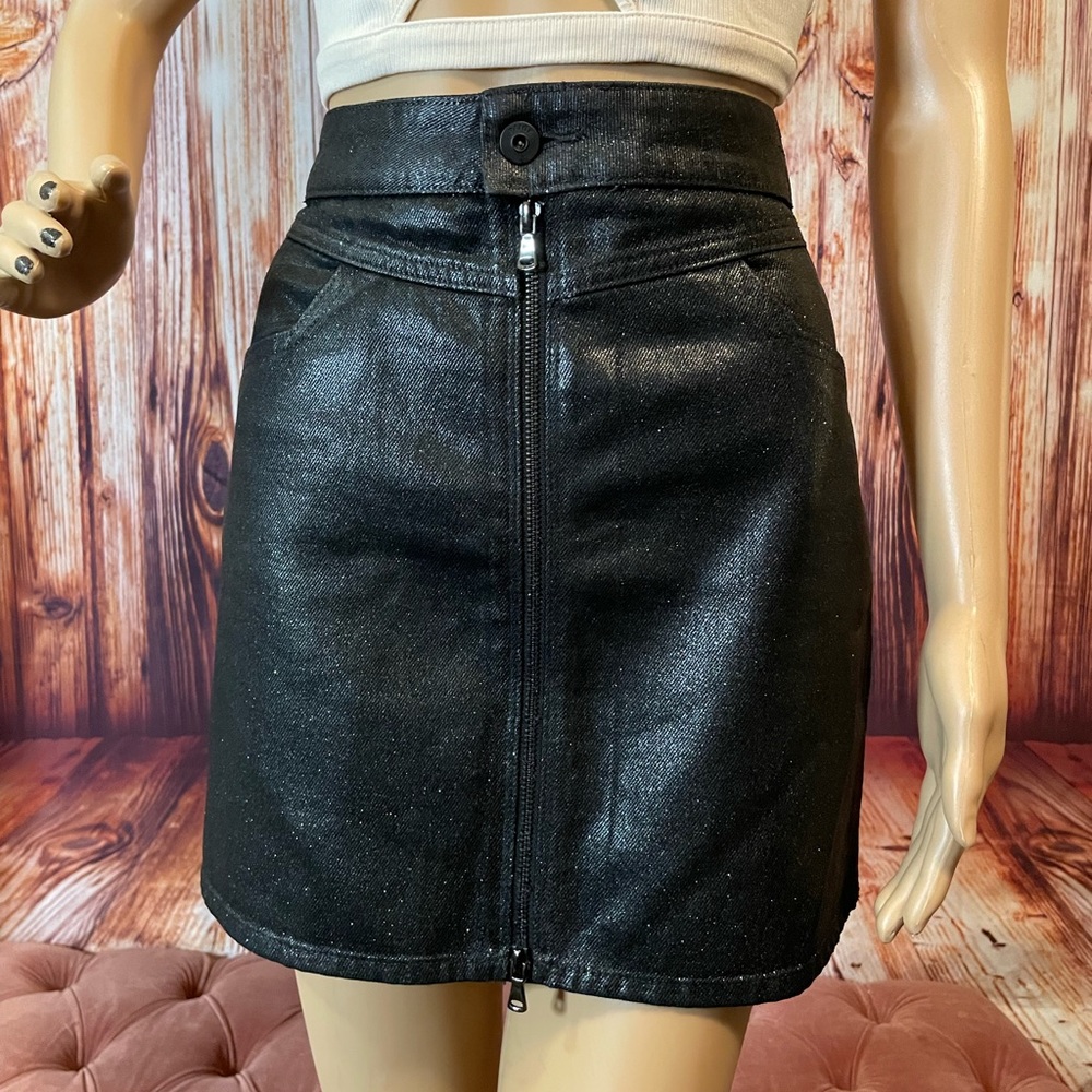 Paige Jamine Zipper Front Mini Skirt in Black Sparkle Coating Size 28.